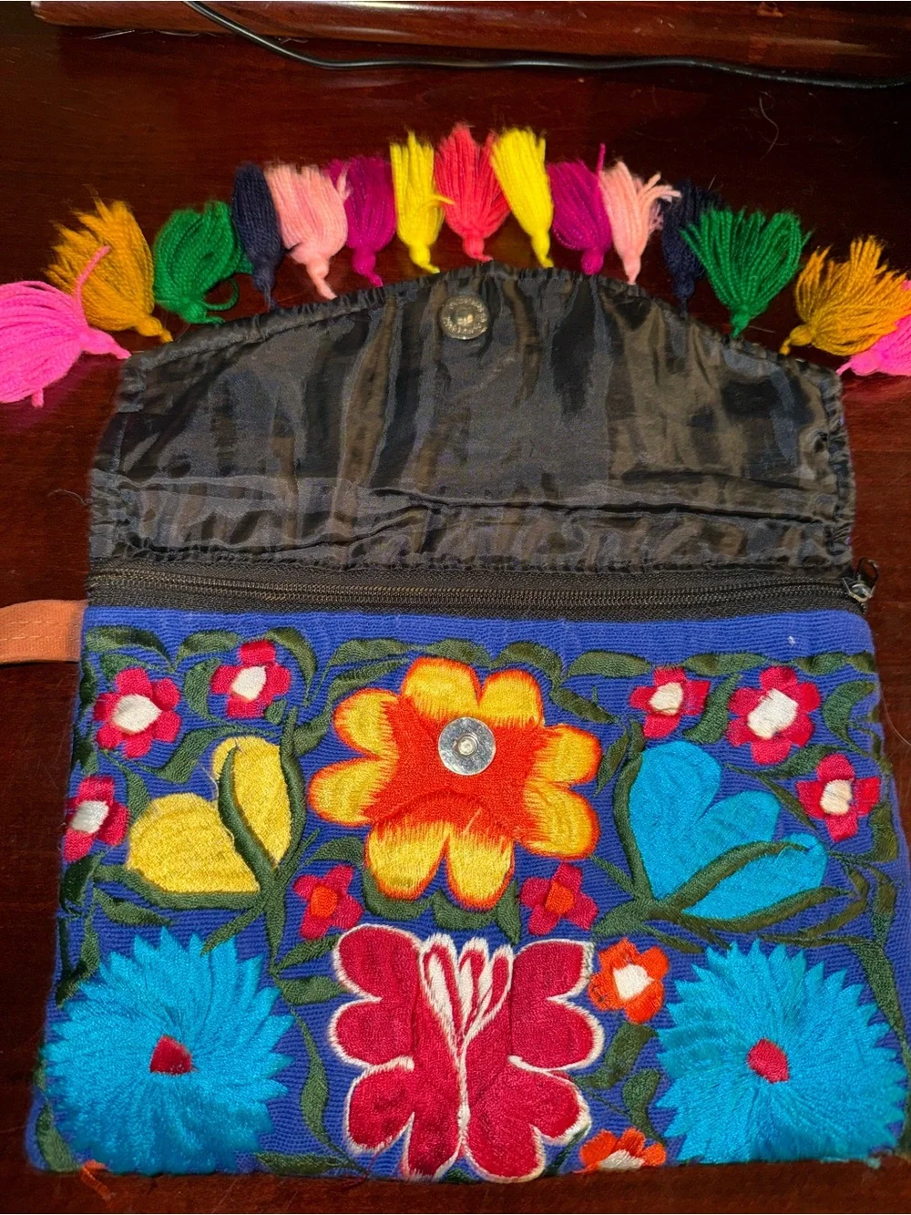 Hand-Embroidered Multicolor Floral Clutch - Boho Tassel Crossbody